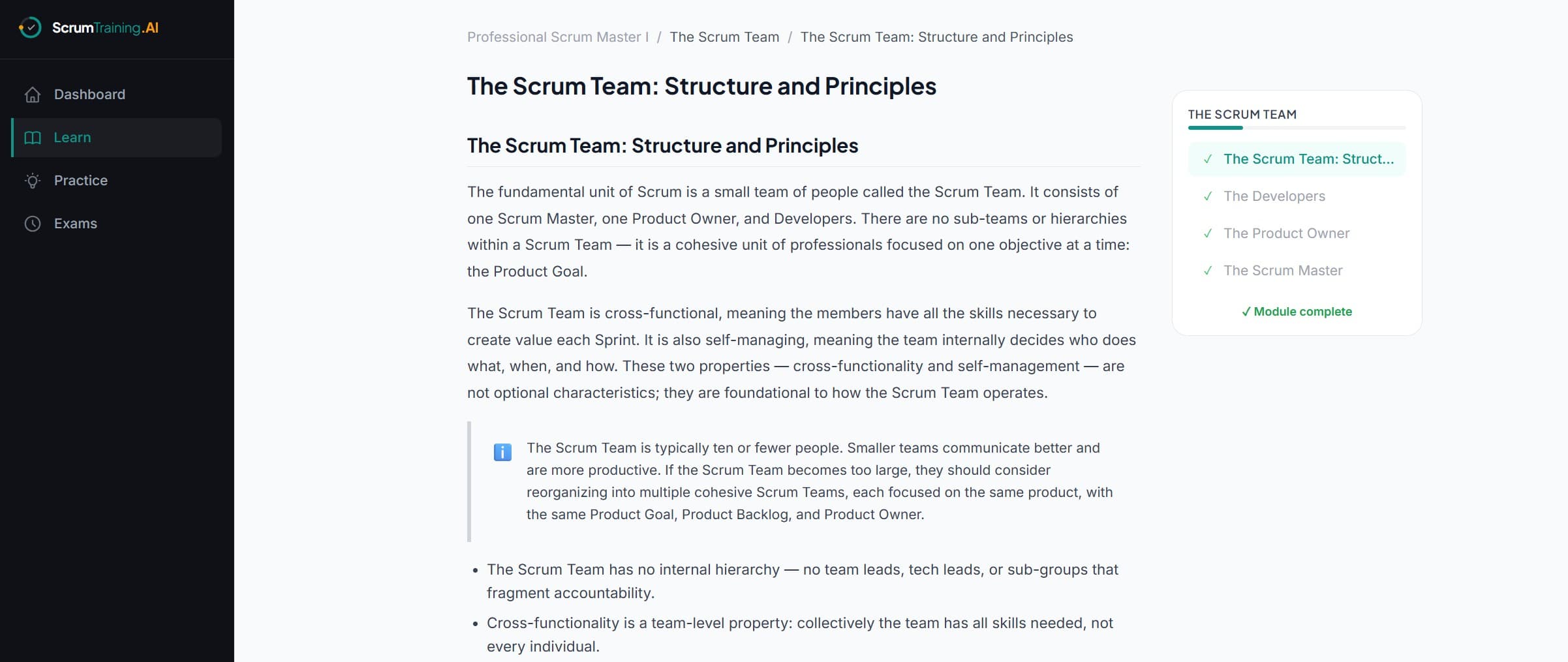 Lesson view showing structured content with the AI coach panel open on the right