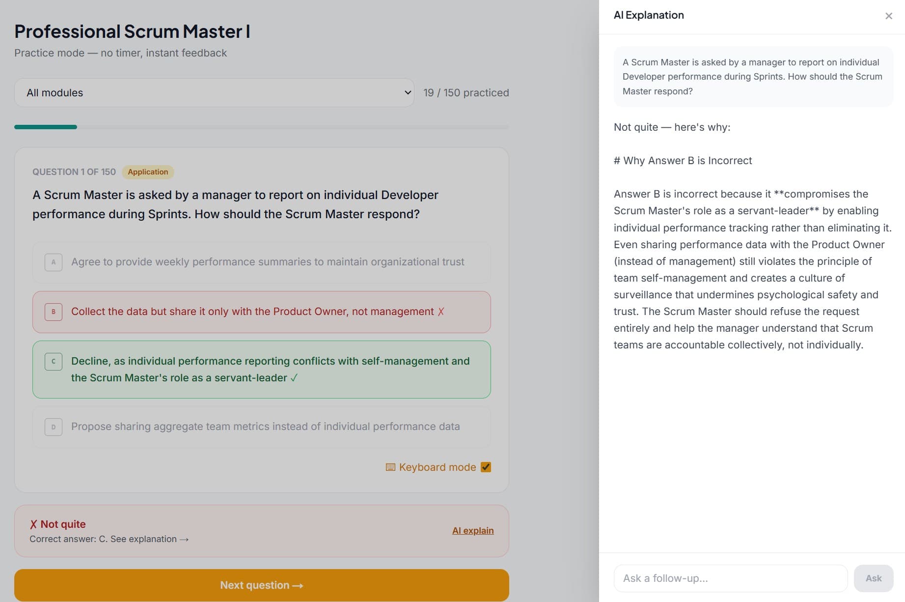 Practice question with AI explanation shown below the answer options